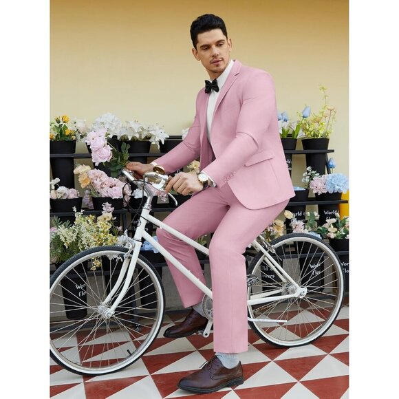 Men's Pink Single Breasted Peak Lapel 2 Piece Two Button Blazer Wedding - Picture 4 of 7